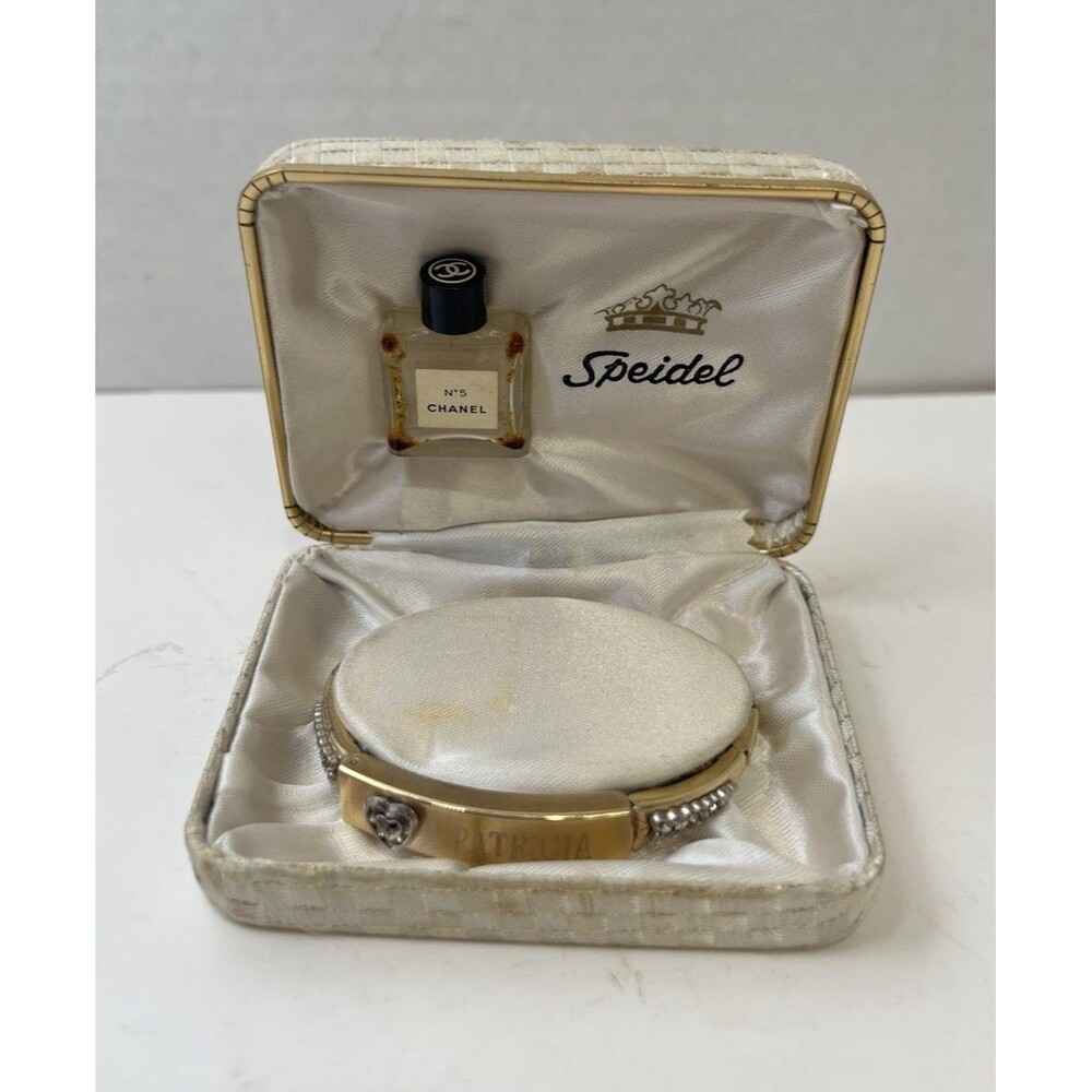 Rare Speidel Chanel 10K GF heart Spandex bracelet original box 1950s Patricia